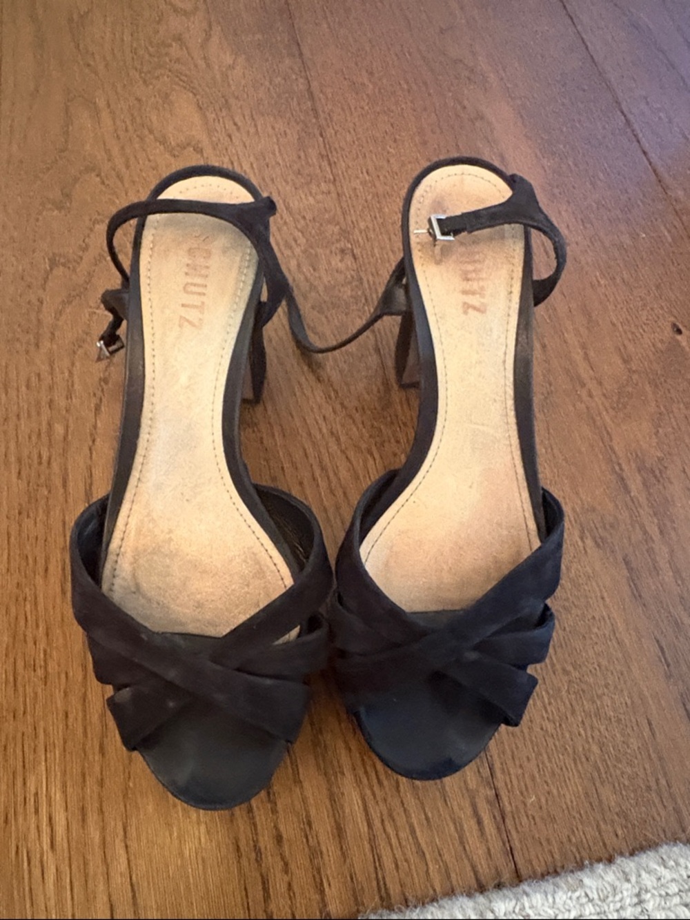 SCHUTZ Black Suede Crisscross Block-Heel Sandals
